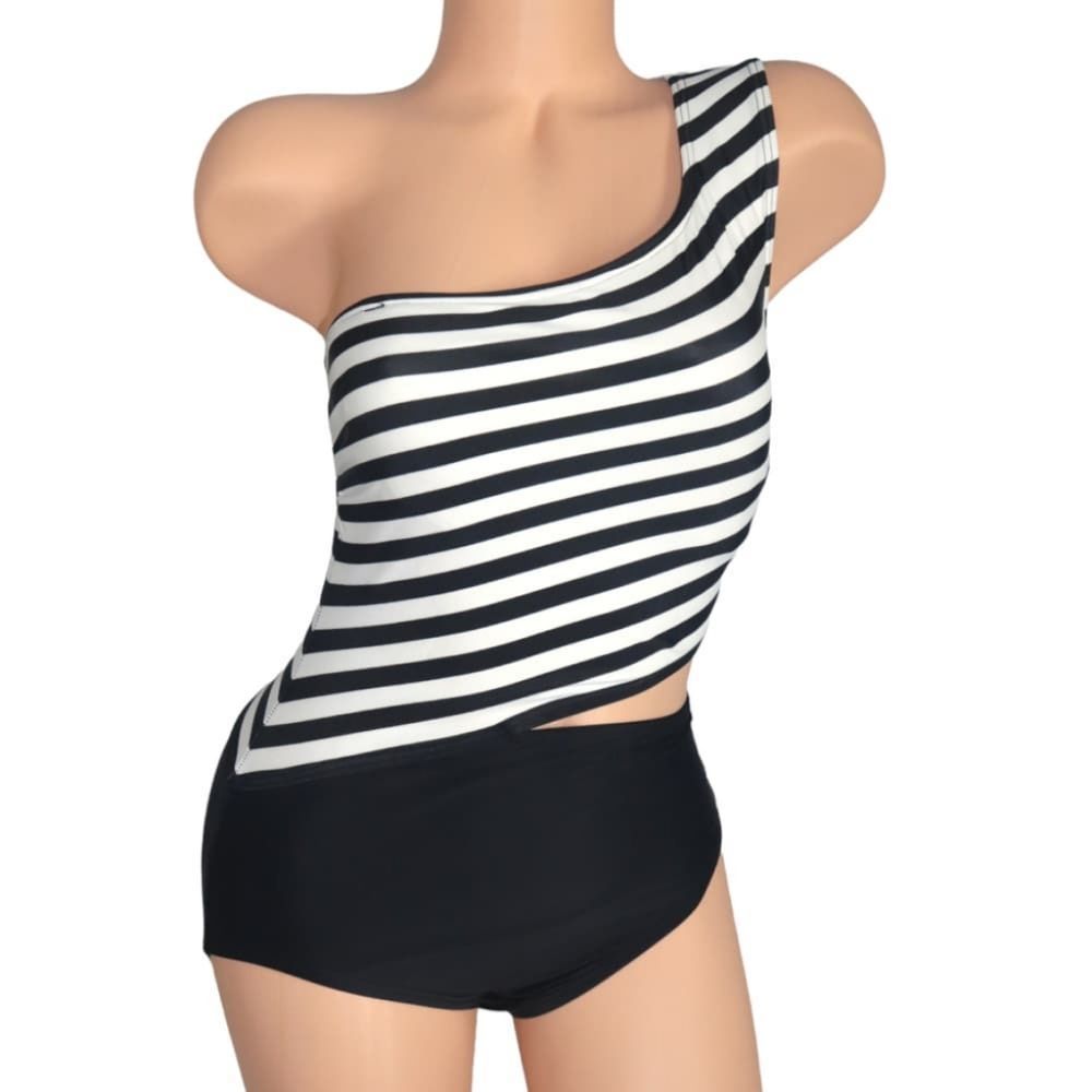 MK MICHAEL KORS Black/White Stripe 1-piece Cut-out Swimsuit